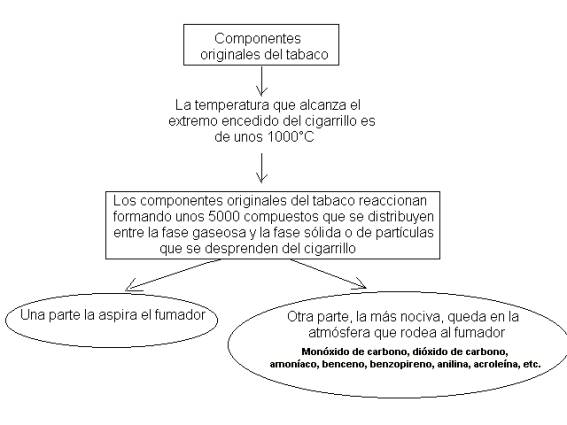 Diagrama que describe lo que sucede al fumar: una parte es aspirada por el fumador y otra (la ms nociva) queda en la atmsfera que rodea al fumador.